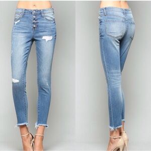 Vervet Blue HIGH RISE BUTTON Fly RAW HEM CROP SKINNY Distressed Sz 29